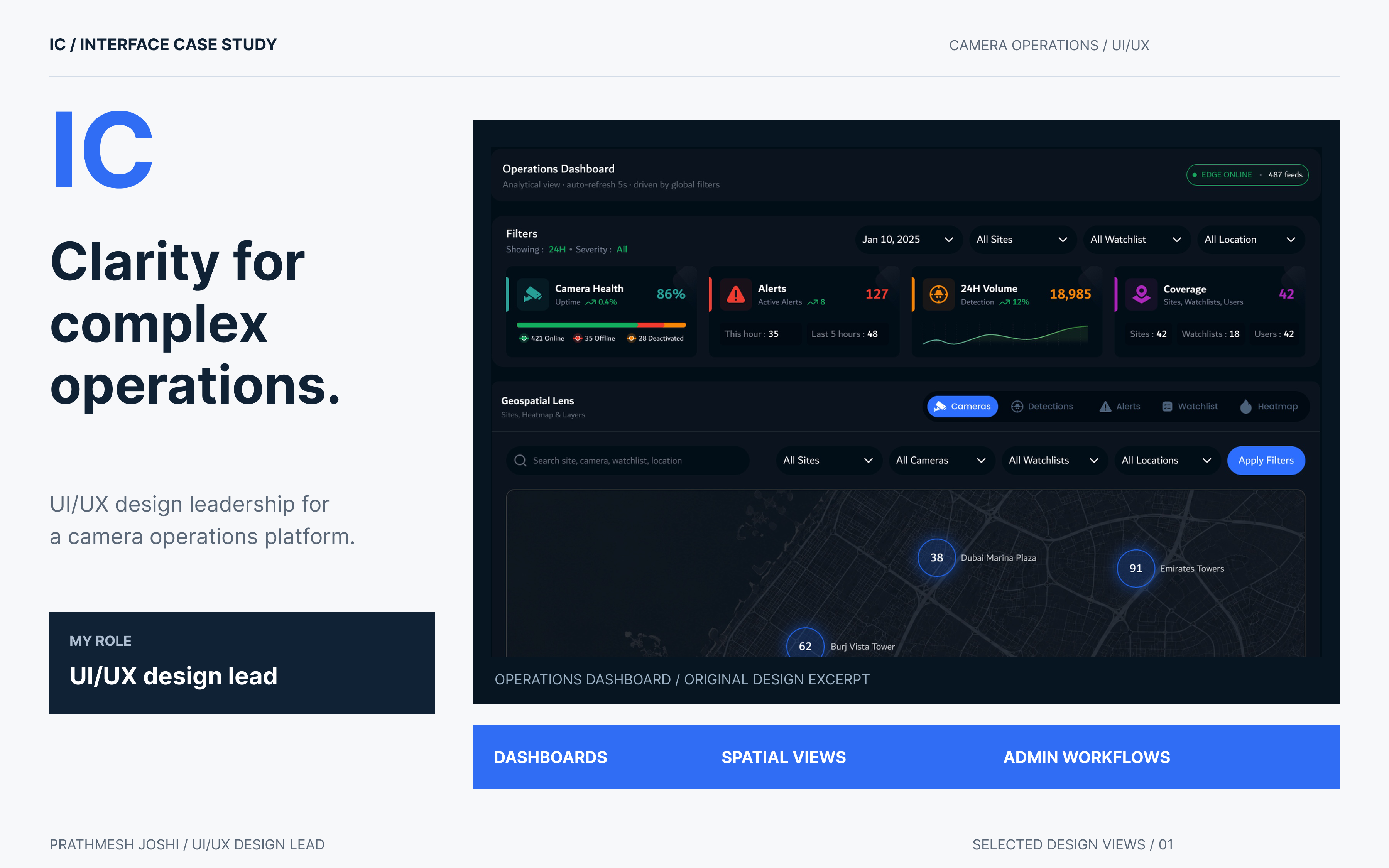 IC: Design leadership for a camera operations interface, making dashboards, sites, camera controls and access responsibilities easier to navigate.
