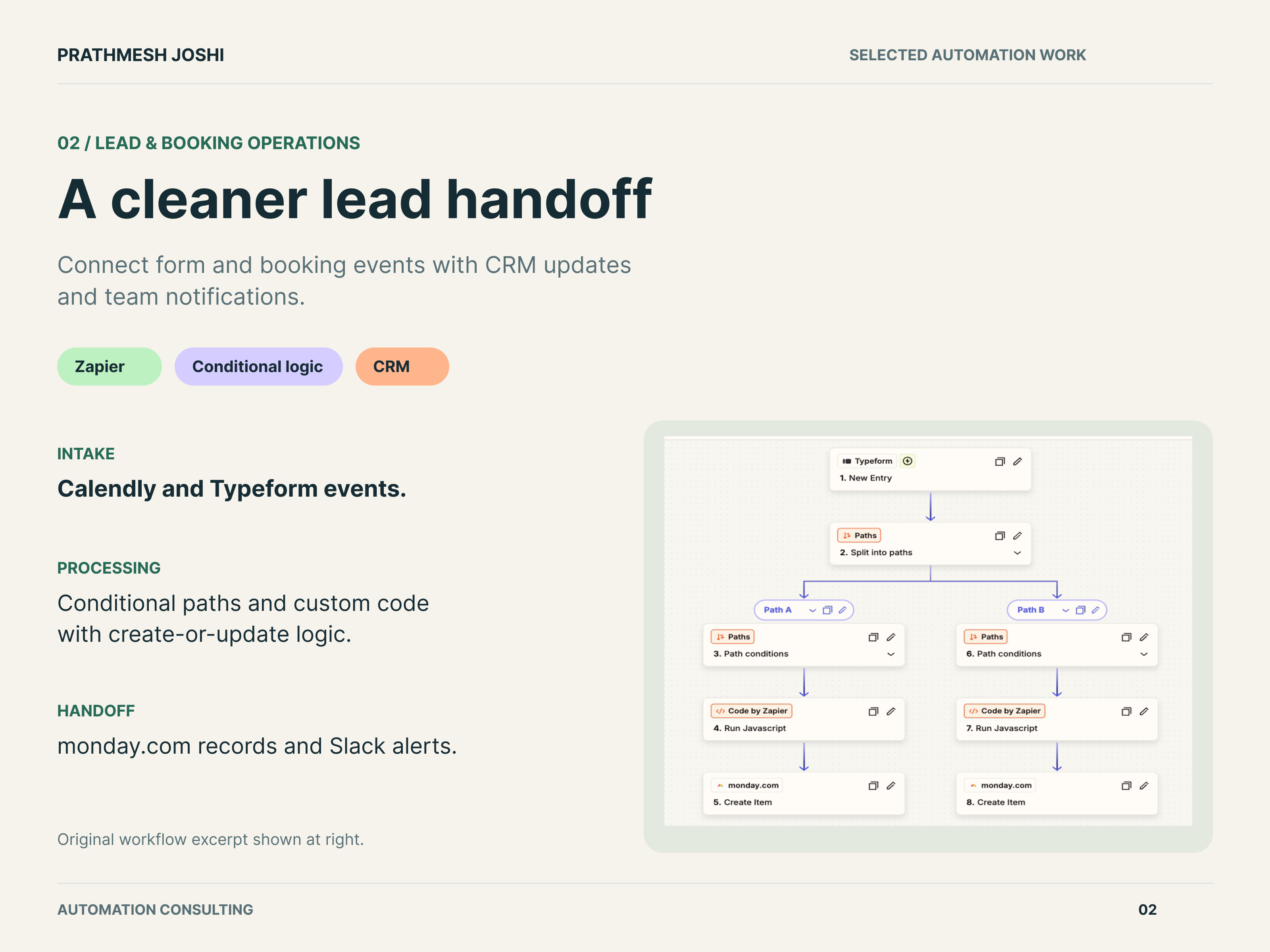 Lead & Booking Workflow: A connected intake workflow for forms and bookings, keeping customer records and team notifications in sync.